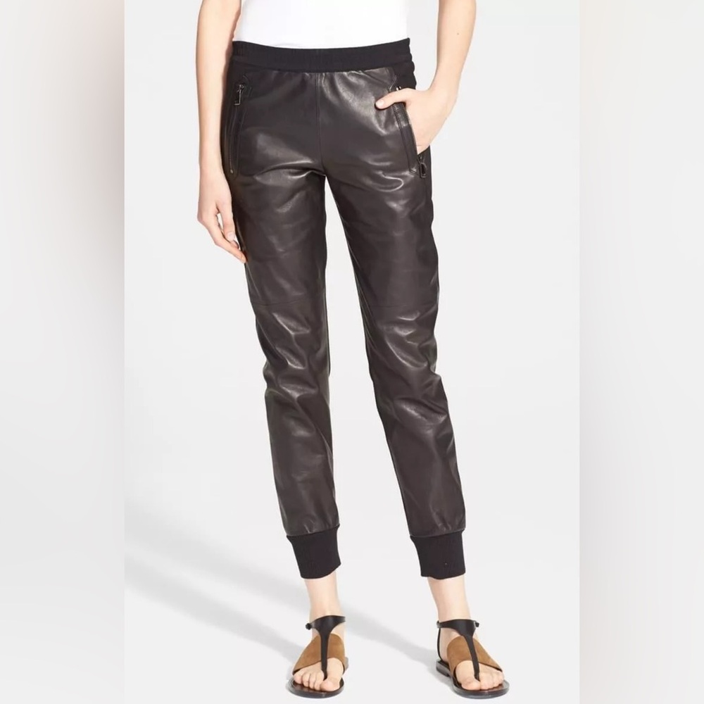 Vince Lamb Leather Jogger Pants Large Black Pull On Zip Pockets Mixed Media